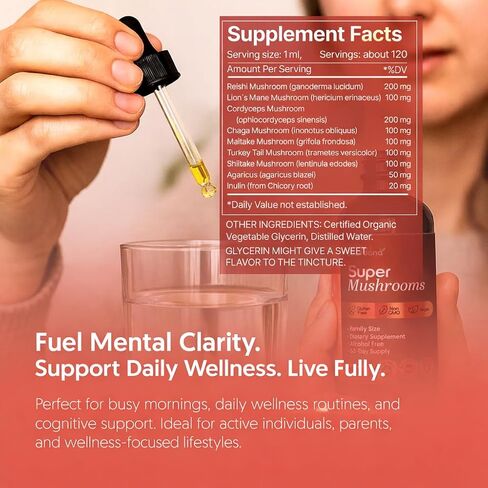 مركب الفطر الفائق 8 في 1 مستخلص سائل - 4 أونصة سائلة قطرات مع بدة أسد الريشي، كورديسيبس تشاجا مايتاكي، ذيل الديك الرومي، شيتاكي أجريكوس للتركيز، والعافية المناعية، والطاقة اليومية in Kuwait