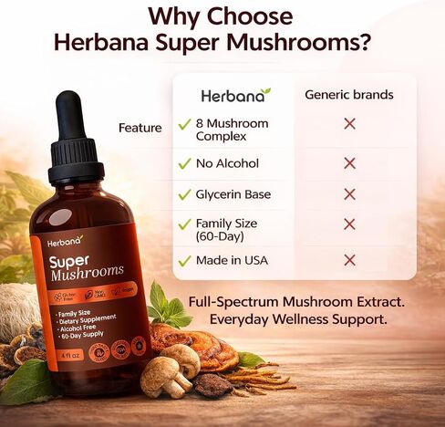 مركب الفطر الفائق 8 في 1 مستخلص سائل - 4 أونصة سائلة قطرات مع بدة أسد الريشي، كورديسيبس تشاجا مايتاكي، ذيل الديك الرومي، شيتاكي أجريكوس للتركيز، والعافية المناعية، والطاقة اليومية in Kuwait