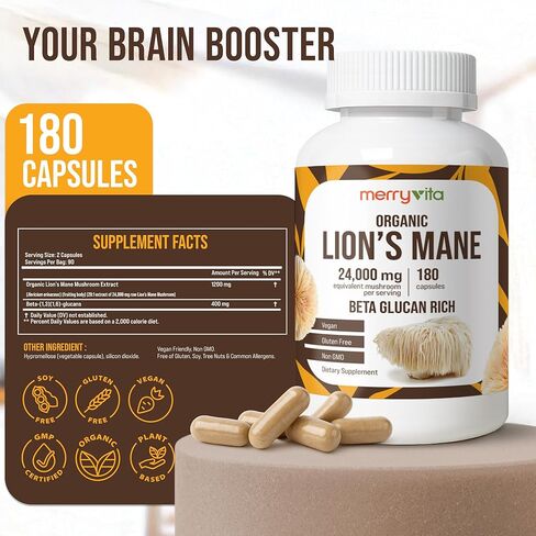 MERRY VITA Lion’s Mane Supplement Capsules – Mushroom Supplement for Immune Brain, Memory & Focus - Non GMO, Vegan Friendly - 180 Capsules in Saudi Arabia