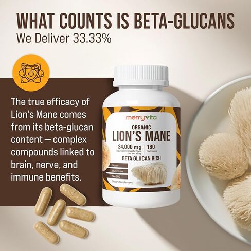MERRY VITA Lion’s Mane Supplement Capsules – Mushroom Supplement for Immune Brain, Memory & Focus - Non GMO, Vegan Friendly - 180 Capsules in Saudi Arabia