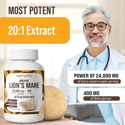 MERRY VITA Lion’s Mane Supplement Capsules – Mushroom Supplement for Immune Brain, Memory & Focus - Non GMO, Vegan Friendly - 180 Capsules in Saudi Arabia