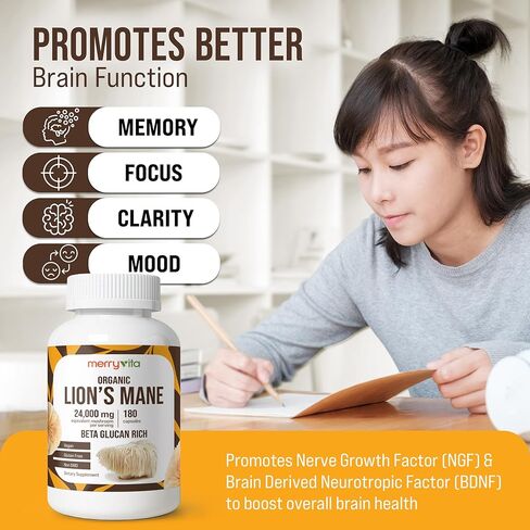 MERRY VITA Lion’s Mane Supplement Capsules – Mushroom Supplement for Immune Brain, Memory & Focus - Non GMO, Vegan Friendly - 180 Capsules in Saudi Arabia
