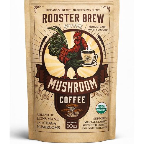 Organic Mushroom Coffee Ground –1200mg Lion’s Mane & Chaga – Medium Roast Arabica –Rooster Brew Real Coffee (Not Instant) – Low Acid Half Caff – 10oz in Saudi Arabia