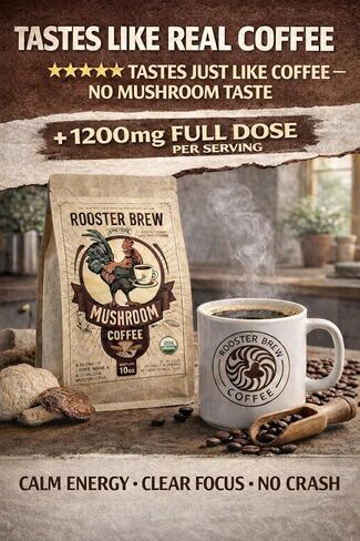 Organic Mushroom Coffee Ground –1200mg Lion’s Mane & Chaga – Medium Roast Arabica –Rooster Brew Real Coffee (Not Instant) – Low Acid Half Caff – 10oz in Saudi Arabia