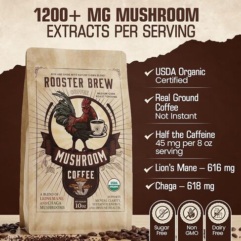 Organic Mushroom Coffee Ground –1200mg Lion’s Mane & Chaga – Medium Roast Arabica –Rooster Brew Real Coffee (Not Instant) – Low Acid Half Caff – 10oz in Saudi Arabia