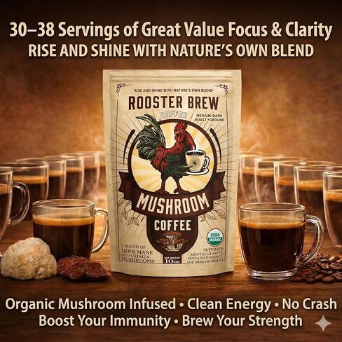 Organic Mushroom Coffee Ground –1200mg Lion’s Mane & Chaga – Medium Roast Arabica –Rooster Brew Real Coffee (Not Instant) – Low Acid Half Caff – 10oz in Saudi Arabia