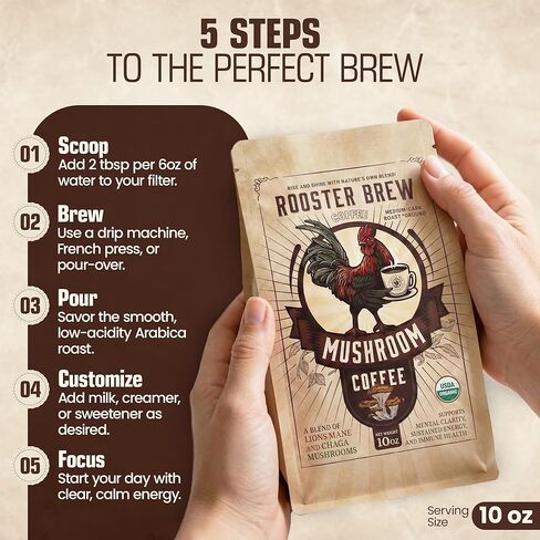 Organic Mushroom Coffee Ground –1200mg Lion’s Mane & Chaga – Medium Roast Arabica –Rooster Brew Real Coffee (Not Instant) – Low Acid Half Caff – 10oz in Saudi Arabia