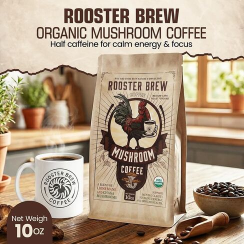 Organic Mushroom Coffee Ground –1200mg Lion’s Mane & Chaga – Medium Roast Arabica –Rooster Brew Real Coffee (Not Instant) – Low Acid Half Caff – 10oz in Saudi Arabia