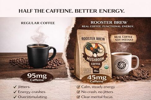 Organic Mushroom Coffee Ground –1200mg Lion’s Mane & Chaga – Medium Roast Arabica –Rooster Brew Real Coffee (Not Instant) – Low Acid Half Caff – 10oz in Saudi Arabia