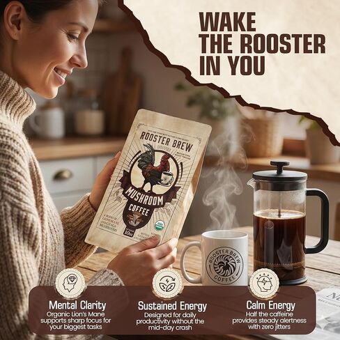 Organic Mushroom Coffee Ground –1200mg Lion’s Mane & Chaga – Medium Roast Arabica –Rooster Brew Real Coffee (Not Instant) – Low Acid Half Caff – 10oz in Saudi Arabia