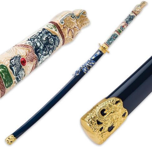 Highlander Dragon Katana with Lacquered Saya - 1045 High Carbon Steel Blade - Battle Ready (Blue Closed Mouth) in Kuwait