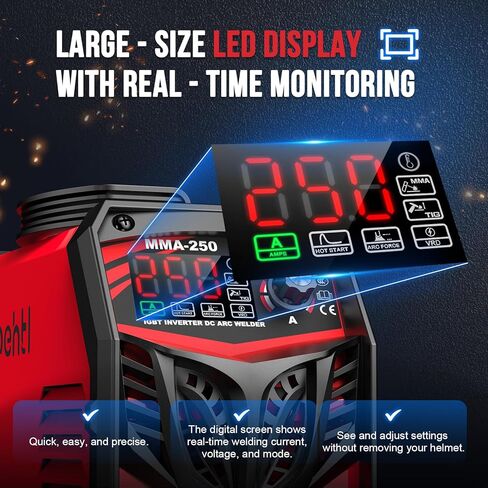 ماكينة لحام بقوة 250 أمبير بجهد مزدوج 110 فولت/220 فولت، مع شاشة LED آلة لحام ARC مع بداية ساخنة، عاكس IGBT، ماكينة لحام محمولة مع مجموعة كاملة (10 قضبان، مشابك، قفازات)، مضادة للالتصاق للمنزل/المنزل/المزرعة in Kuwait