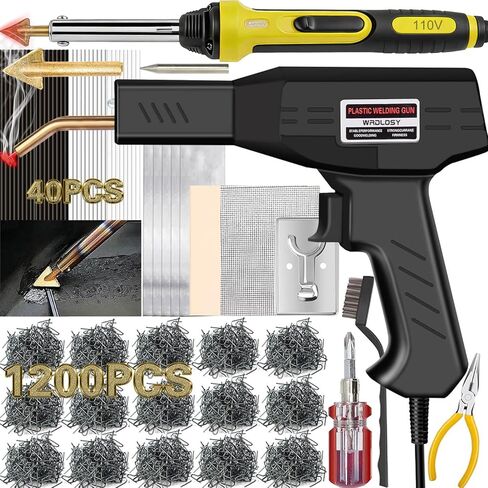 220W Plastic Welder, 1200PCS Staples 40PCS Rods Plastic Welding Kit, 5 in 1 Welding Tips Tape Sandpaper Wire Mesh Stand Metal Brush Screwdriver Plastic Welder Kit Bumper Repair Kit (Black) in Saudi Arabia
