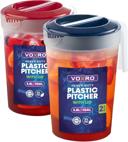 2-Pack 1-Gallon Plastic Pitchers with Lids – Iced Tea Pitchers with Twist Cover BPA-Free, Dishwasher & Freezer Safe, Ideal for Water, Juice & Fridge Storage in Saudi Arabia