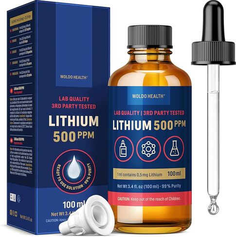 محلول WoldoHealth Lithium Orotate 500 جزء في المليون - 3.38 أونصة سائلة درجة مختبرية عالية النقاء 0.5 مجم ليثيوم لكل 0.03 أونصة سائلة in Kuwait