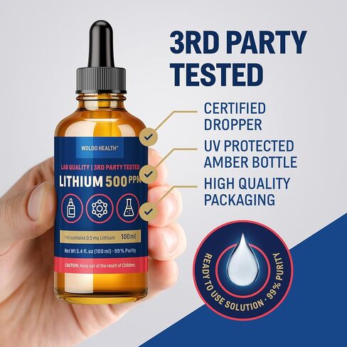 محلول WoldoHealth Lithium Orotate 500 جزء في المليون - 3.38 أونصة سائلة درجة مختبرية عالية النقاء 0.5 مجم ليثيوم لكل 0.03 أونصة سائلة in Kuwait