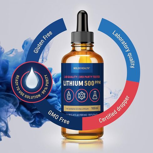 محلول WoldoHealth Lithium Orotate 500 جزء في المليون - 3.38 أونصة سائلة درجة مختبرية عالية النقاء 0.5 مجم ليثيوم لكل 0.03 أونصة سائلة in Kuwait