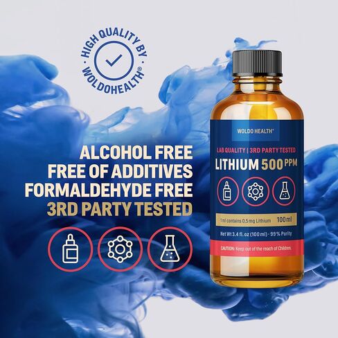 محلول WoldoHealth Lithium Orotate 500 جزء في المليون - 3.38 أونصة سائلة درجة مختبرية عالية النقاء 0.5 مجم ليثيوم لكل 0.03 أونصة سائلة in Kuwait