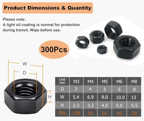 طقم صواميل سداسية 300 قطعة من QSJ، M3 M4 M5 M6 M8، مجموعات صواميل الأجهزة، 8.8 درجة من الفولاذ الكربوني in Kuwait