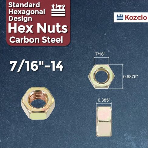 10 قطع من صواميل سداسية - [7/16 بوصة - 14] صواميل من الفولاذ الكربوني من الدرجة 8 للإصلاح والتجميع الميكانيكي، صامولة خيط خشن قياسية، أصفر، ASME/ANSI B 18.2.2 in Kuwait