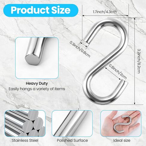 6 Pack Heavy Duty S Hooks, 3.2 Inch 304 Stainless Steel S Hook, s Shaped Hook, Grade Quality Utility Hooks for Hanging Hammock Stand, Swing, Plants in Kuwait