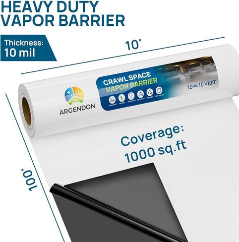 ARGENDON 10 Mil Vapor Barrier for Crawl Space - 10' x 100' Thick Plastic sheeting, Drop Cloth Moisture Barrier Covering for Crawlspace Encapsulation, Commercial & Residential Use in Saudi Arabia