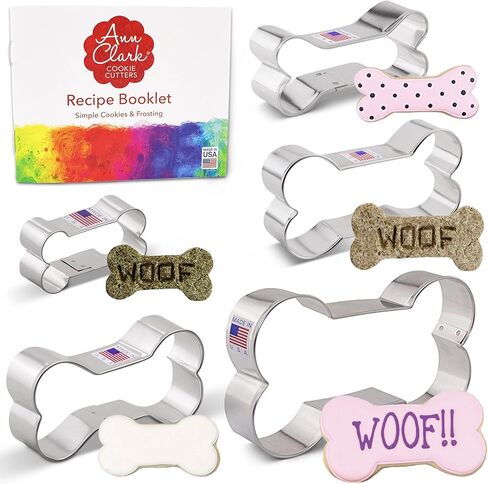 Ann Clark Dog Bone and Biscuit Dog Treat Cookie Cutters 5-Pc Set (2", 3 1/8", 3 1/2", 4", 5") Made in USA in Kuwait