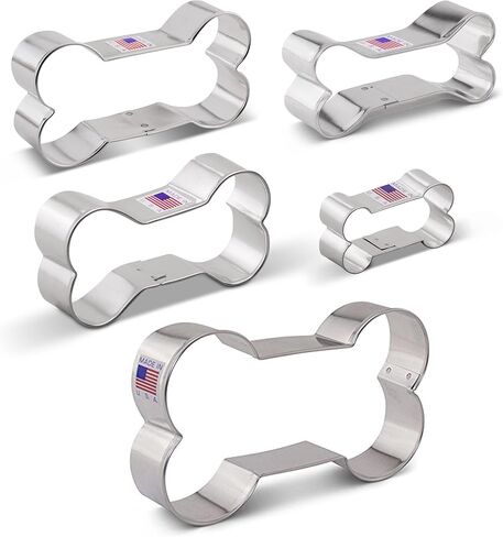 Ann Clark Dog Bone and Biscuit Dog Treat Cookie Cutters 5-Pc Set (2", 3 1/8", 3 1/2", 4", 5") Made in USA in Kuwait