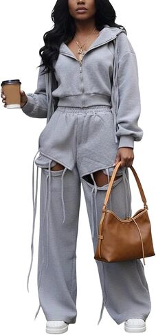 Voghtic Zipper Up Crop Hoodie And Wide Leg Sweatpants Set For Women Cute Fall Outfits in Kuwait