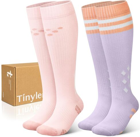 جوارب ضغط قطنية سميكة للغاية من TINYLEMON للنساء والرجال 15-20 مم زئبق، دعم عالي للركبة، مثالية للممرضات والحمل والسفر، زوجان (وردي، أرجواني، صغير/وسط) in Saudi Arabia