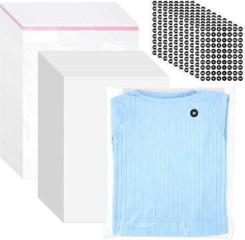 200 Set 10"x13" T-Shirt Packaging Bags with Cardboard Inserts and Clothing Size Stickers, Thick Clear Plastic Cellophane Bags for Shirts, Self-Sealing T Shirt Packing Wrapping Bag for Small Business in Saudi Arabia