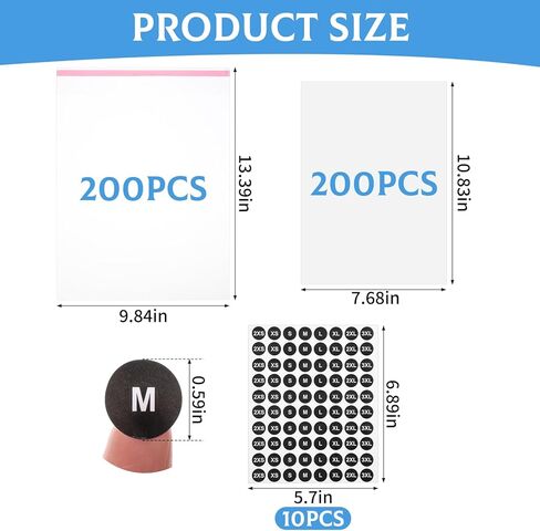 200 Set 10"x13" T-Shirt Packaging Bags with Cardboard Inserts and Clothing Size Stickers, Thick Clear Plastic Cellophane Bags for Shirts, Self-Sealing T Shirt Packing Wrapping Bag for Small Business in Saudi Arabia