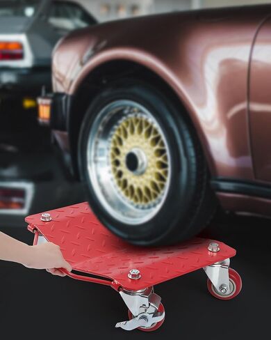 KYBOLT Car Dolly [مجموعة من 4 بوزن 6000 رطل] سعة، دوللي عجلة محرك السيارة شديدة التحمل من الفولاذ الكربوني مع لوحة مضادة للانزلاق وعجلة قابلة للدوران 360 درجة، 16 بوصة × 13 بوصة، أحمر in Saudi Arabia