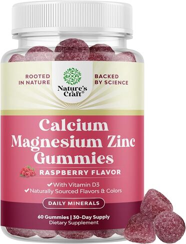 Calcium Magnesium Zinc Gummies - Magnesium Zinc Calcium Supplement Gummies with Vitamin D3 for Teeth and Bone Health - Certified Kosher Non-GMO Gelatin Free & Vegetarian Friendly 60 Count in Saudi Arabia