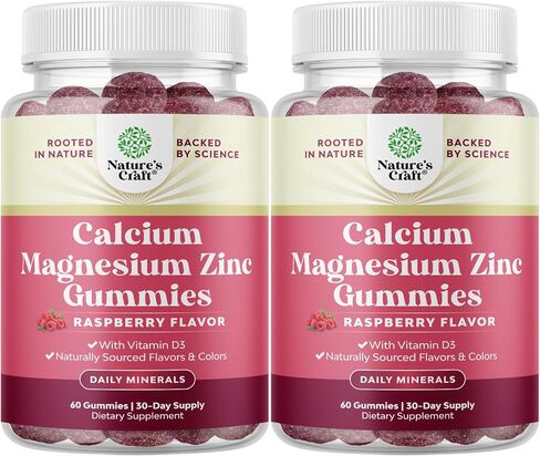 Calcium Magnesium Zinc Gummies - Magnesium Zinc Calcium Supplement Gummies with Vitamin D3 for Teeth and Bone Health - Certified Kosher Non-GMO Gelatin Free & Vegetarian Friendly 60 Count in Saudi Arabia