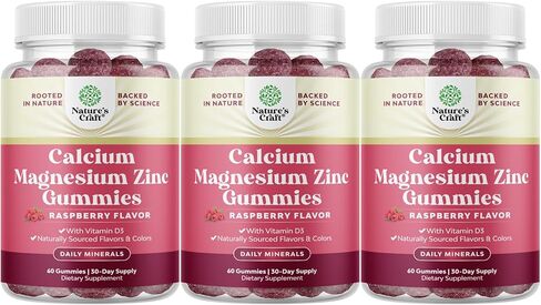 Calcium Magnesium Zinc Gummies - Magnesium Zinc Calcium Supplement Gummies with Vitamin D3 for Teeth and Bone Health - Certified Kosher Non-GMO Gelatin Free & Vegetarian Friendly 60 Count in Saudi Arabia