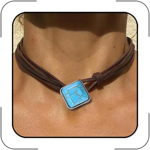 CSIYANJRY99 Western Turquoise Necklace for Women Country Concert Outfits Cowboy Chic Bohemian Brown Suede Choker Necklace Boho Wrap Necklaces Jewelry Cowgirl Accessories in Saudi Arabia