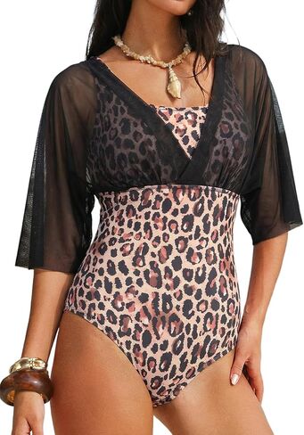Aleumdr Women's One Piece Swimsuit Modest Tummy Control Bathing Suit V Neck Mesh Sleeve Slimming Swimwear Beachwear in Saudi Arabia