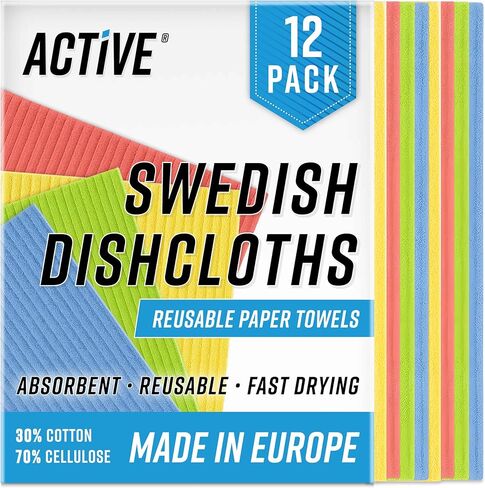 ACTIVE Swedish Dish Cloths for Kitchen 12 Pack Cellulose Sponge Cloth, Washable Dishcloths for Washing Dishes, Original European Dish Towels, Absorbent Reusable Paper Towels - Multicolor Assorted in Kuwait