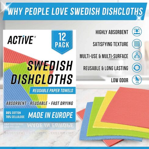 ACTIVE Swedish Dish Cloths for Kitchen 12 Pack Cellulose Sponge Cloth, Washable Dishcloths for Washing Dishes, Original European Dish Towels, Absorbent Reusable Paper Towels - Multicolor Assorted in Kuwait