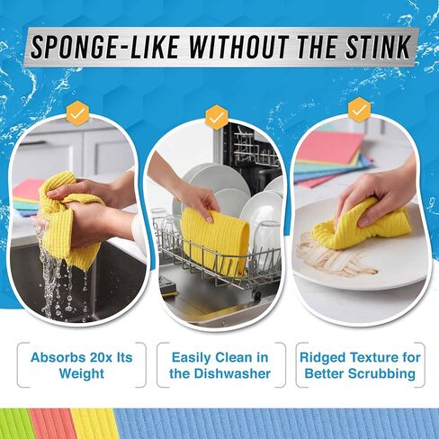 ACTIVE Swedish Dish Cloths for Kitchen 12 Pack Cellulose Sponge Cloth, Washable Dishcloths for Washing Dishes, Original European Dish Towels, Absorbent Reusable Paper Towels - Multicolor Assorted in Kuwait