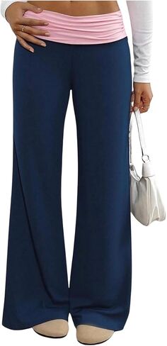 RoseSeek Girl's Fold Over Pants Color Block Low Rise Sweatpants Casual Yoga Pants in Saudi Arabia