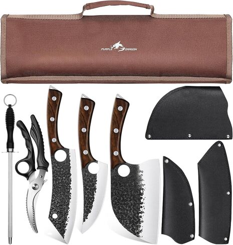 Purple Dragon Butcher Knife Set - 9 Pcs Chef Knife Set - Hand Forged Serbian Chef Knives Meat Cleaver Boning Viking Knives Kitchen Knives with Roll Bag Christmas Gift for Men and Women in Saudi Arabia