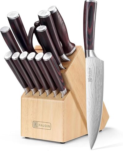 PAUDIN Kitchen Knife Set with Block, 14 Pieces Knife Sets for Kitchen with Block, High Carbon German Stainless Steel Sharp Chef Knife Set with Ergonomic Pakkawood Handle in Saudi Arabia