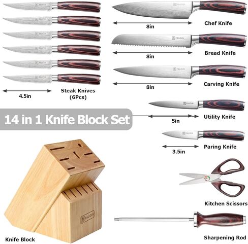 PAUDIN Kitchen Knife Set with Block, 14 Pieces Knife Sets for Kitchen with Block, High Carbon German Stainless Steel Sharp Chef Knife Set with Ergonomic Pakkawood Handle in Saudi Arabia