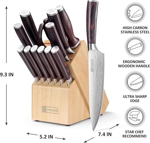 PAUDIN Kitchen Knife Set with Block, 14 Pieces Knife Sets for Kitchen with Block, High Carbon German Stainless Steel Sharp Chef Knife Set with Ergonomic Pakkawood Handle in Saudi Arabia