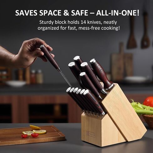PAUDIN Kitchen Knife Set with Block, 14 Pieces Knife Sets for Kitchen with Block, High Carbon German Stainless Steel Sharp Chef Knife Set with Ergonomic Pakkawood Handle in Saudi Arabia