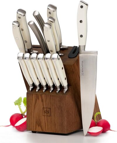 White and Gold Knife Set with Block - 14-Piece White Knife Set with Block and Built-In Sharpener – Titanium-Coated High Carbon Stainless Steel Blades - Gold Kitchen Accessories - Great for Gifting in Kuwait