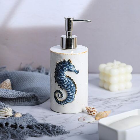 CHOOLD Ceramic Seahorse Dispenser with Plastic Pump, Refillable Lotion Soap Container, Lotion Bottle, Hand Soap Dispenser, Retro Blue with Brown in Kuwait