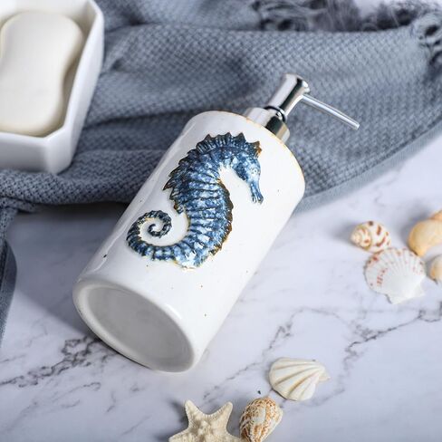 CHOOLD Ceramic Seahorse Dispenser with Plastic Pump, Refillable Lotion Soap Container, Lotion Bottle, Hand Soap Dispenser, Retro Blue with Brown in Kuwait